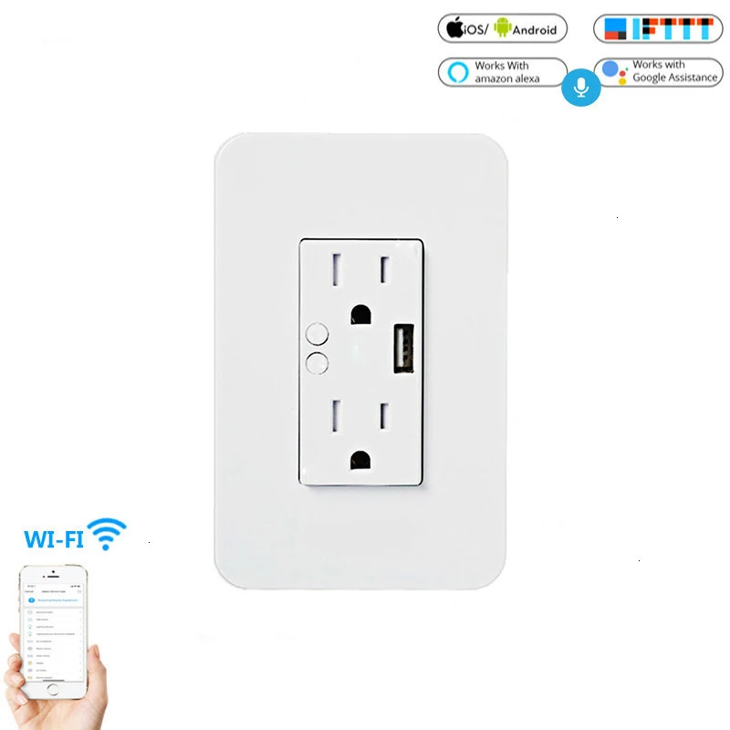 

Wifi Smart Wall Power Socket Outlets Plug 2 USB Socket Smart Life/Tuya APP Remote Control Anywhere Work with Alexa Google Home