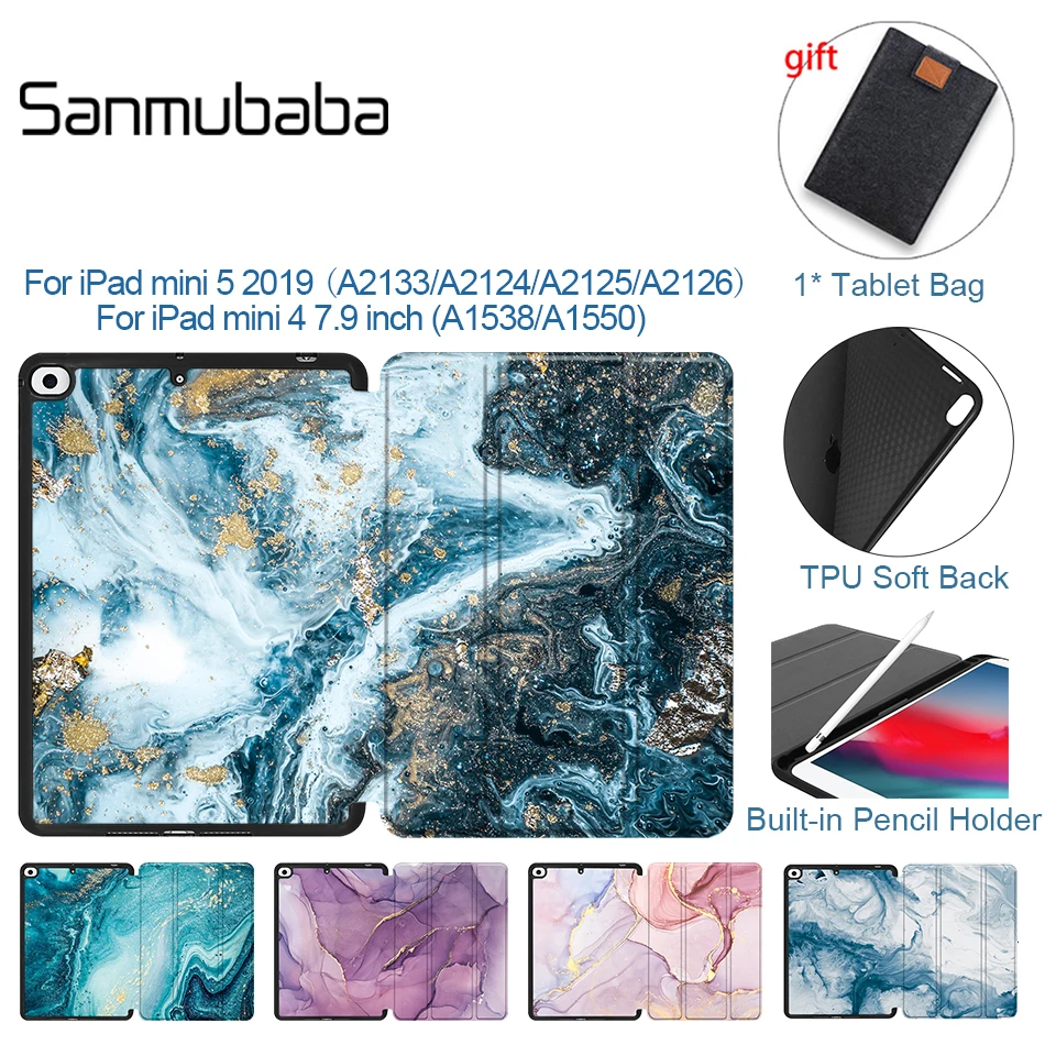 Sanmubaba Marble Texture Case For iPad mini 5 2019 mini 4 7.9'' TPU Soft Back PU Leather Smart Tablet Cover With Pencil Holder