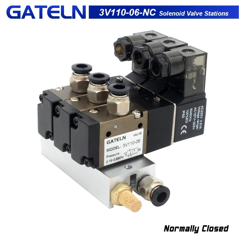 3V110-06-NC Normally Closed Solenoid Valve Stations Block With Muffler Fitting Base Manifold DC12v DC24v AC110v AC220v 3 port