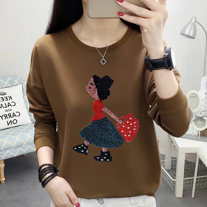 

Korean Fashion Embroidery Cartoon T Shirt Women Tshirt Autumn Casual O-Neck Long Sleeves Top Tee Shirt Femme Camisetas De Mujer