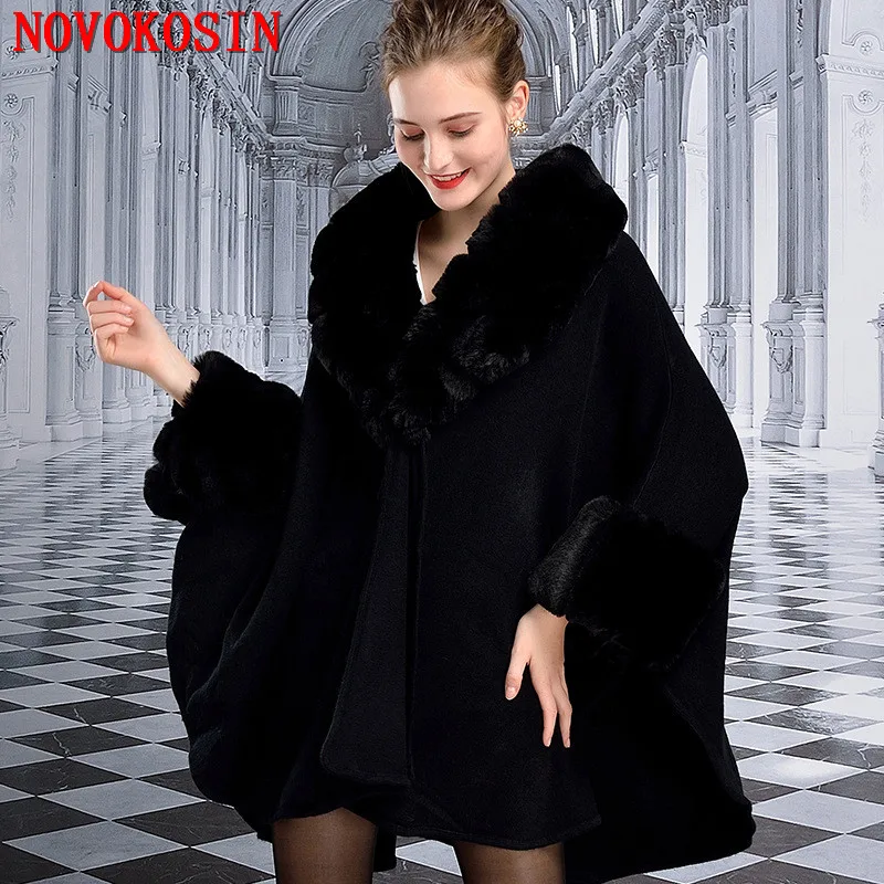 2022 Winter Warm Faux Rabbit Long Loose Poncho Streetwear Big Striped Fur Neck Cape Cashmere Women Batwing Sleeves Cardigan Coat