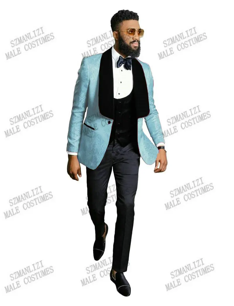 

SZMANLIZI MALE COSTUMES Custom Made Groomsmen Light Blue Pattern Groom Tuxedos Shawl Lapel Men Suits 3 Pieces Wedding Best Man