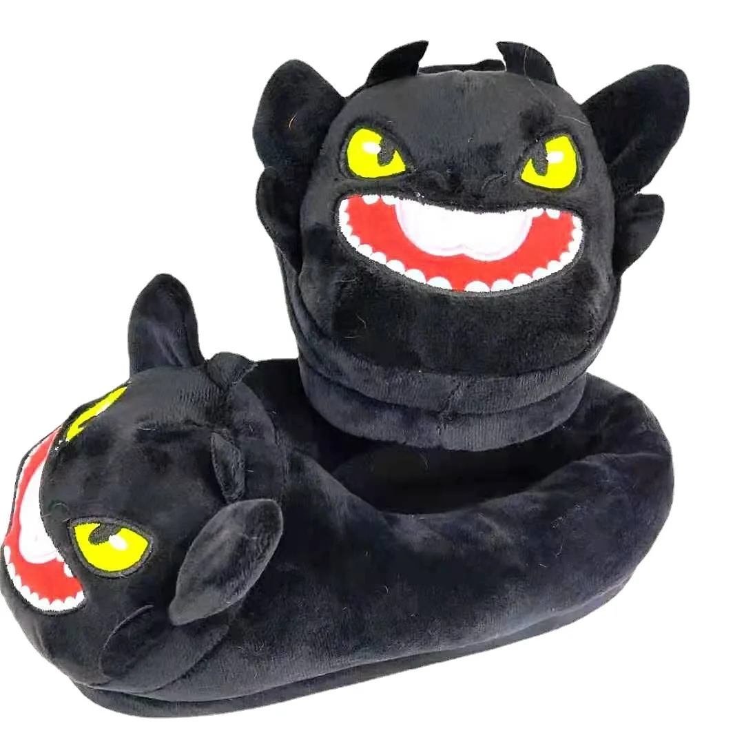 Black Winter Home Slippers For Womens Cute Cartoon Dragon Women Furry Slippers Couples Warm Lightweight Soft Man Cotton Shoes