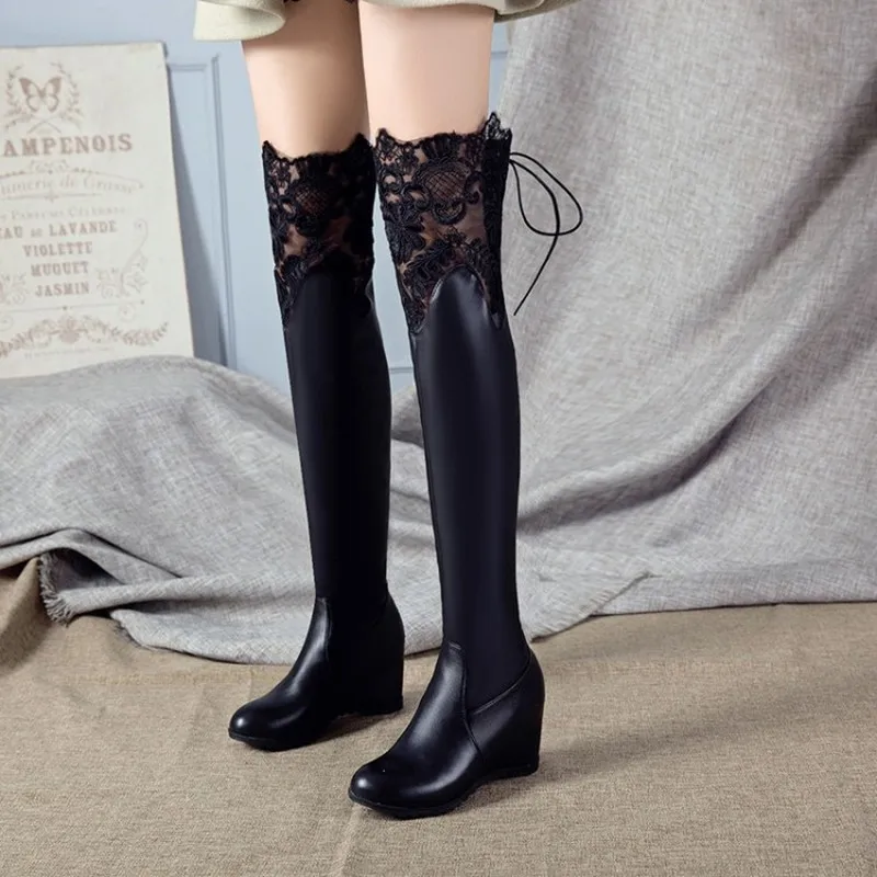 winter The New fashion Round head Increase within Over the knee Boots Lace Sexy Plus velvet Keep warm High heel Women boots