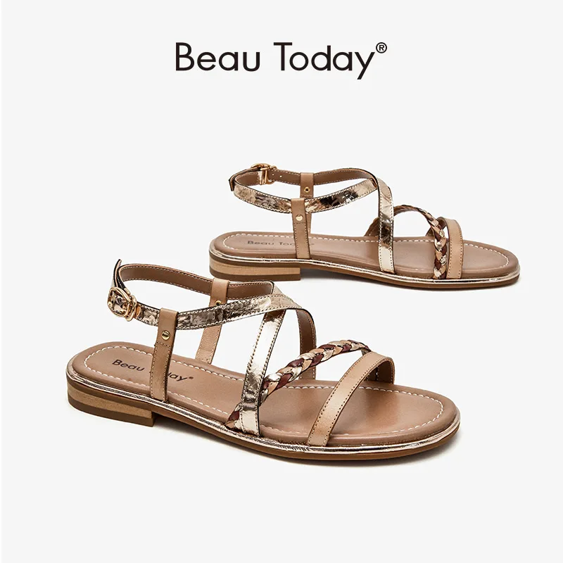 BeauToday Gladiator Sandals Women Genuine Cow Leather Twist Band Designer Flats Slingback Summer Female Flat Heel Shoes 32303