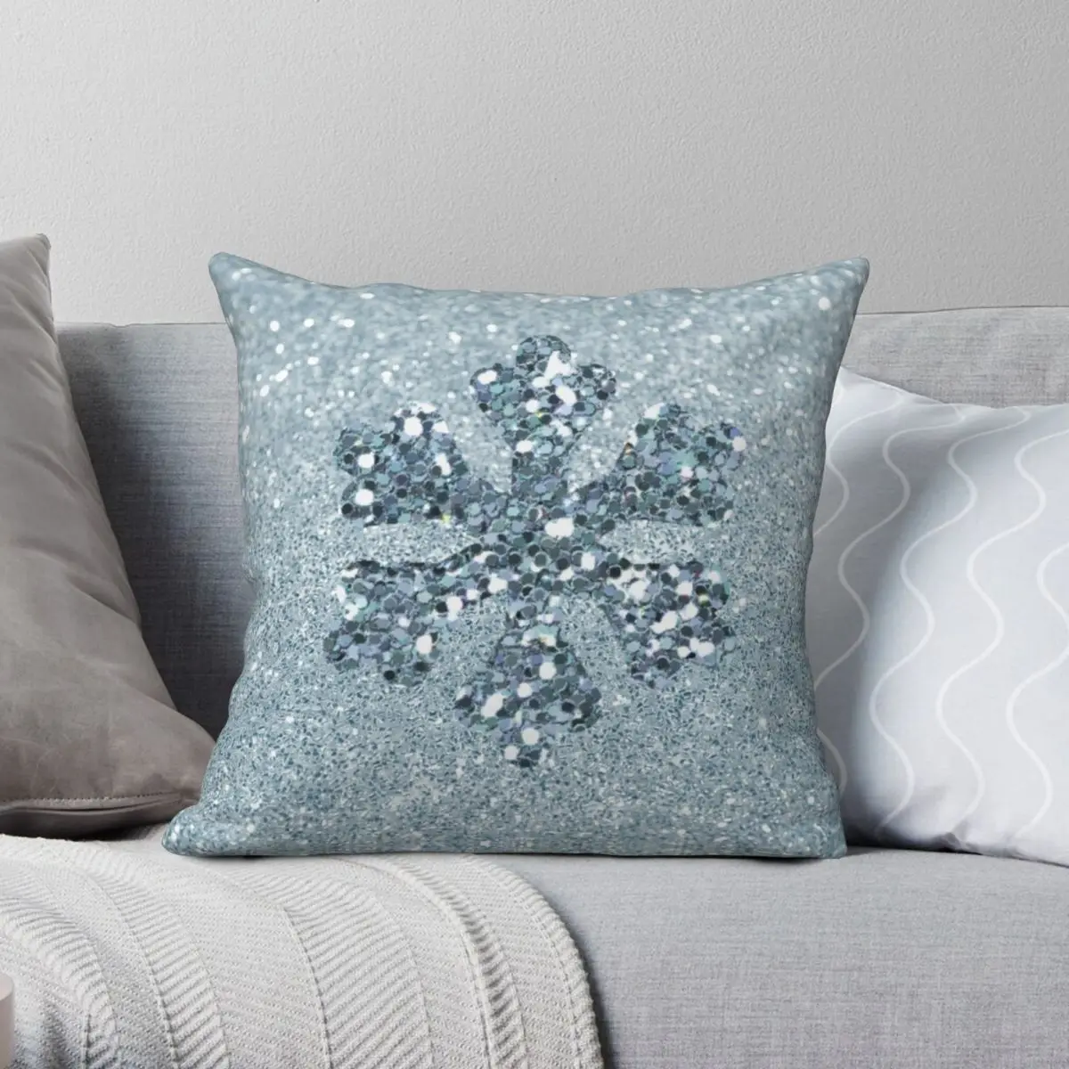 Aquamarine Faux Glitter Snowflake Square Pillowcase Polyester Linen Velvet Creative Zip Decor Throw Pillow Case Home Cushion