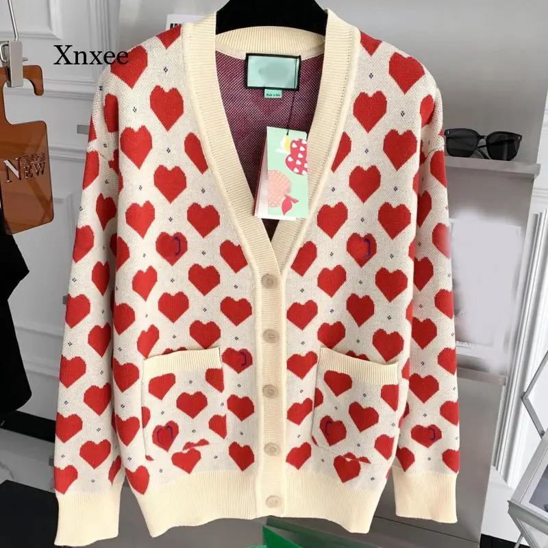 

Heart-Shaped Sweater Cardigan Geometric Embroidery Autumn Ladies Limited Daily Temperament V-Neck Single-Breasted Sweaters Coat