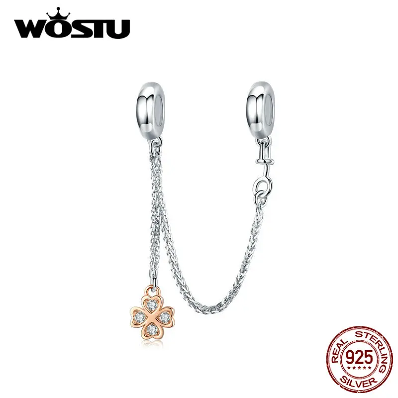 WOSTU Rose Gold Silicon Safety Chain Charm 100% 925 Sterling Silver Bead Fit Original Bracelet DIY Jewelry Making CQC1261