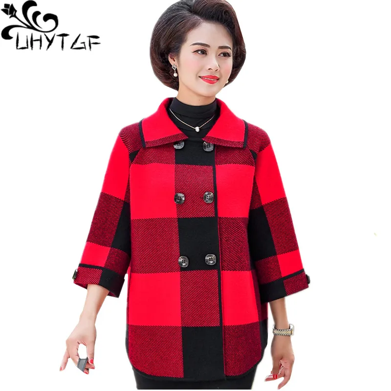 UHYTGF Spring Autumn Wool Coat Womens Fashion Plaid Elegant Female Jacket Double-Breasted Short 6XL Big Size Tops Outerwear 1286