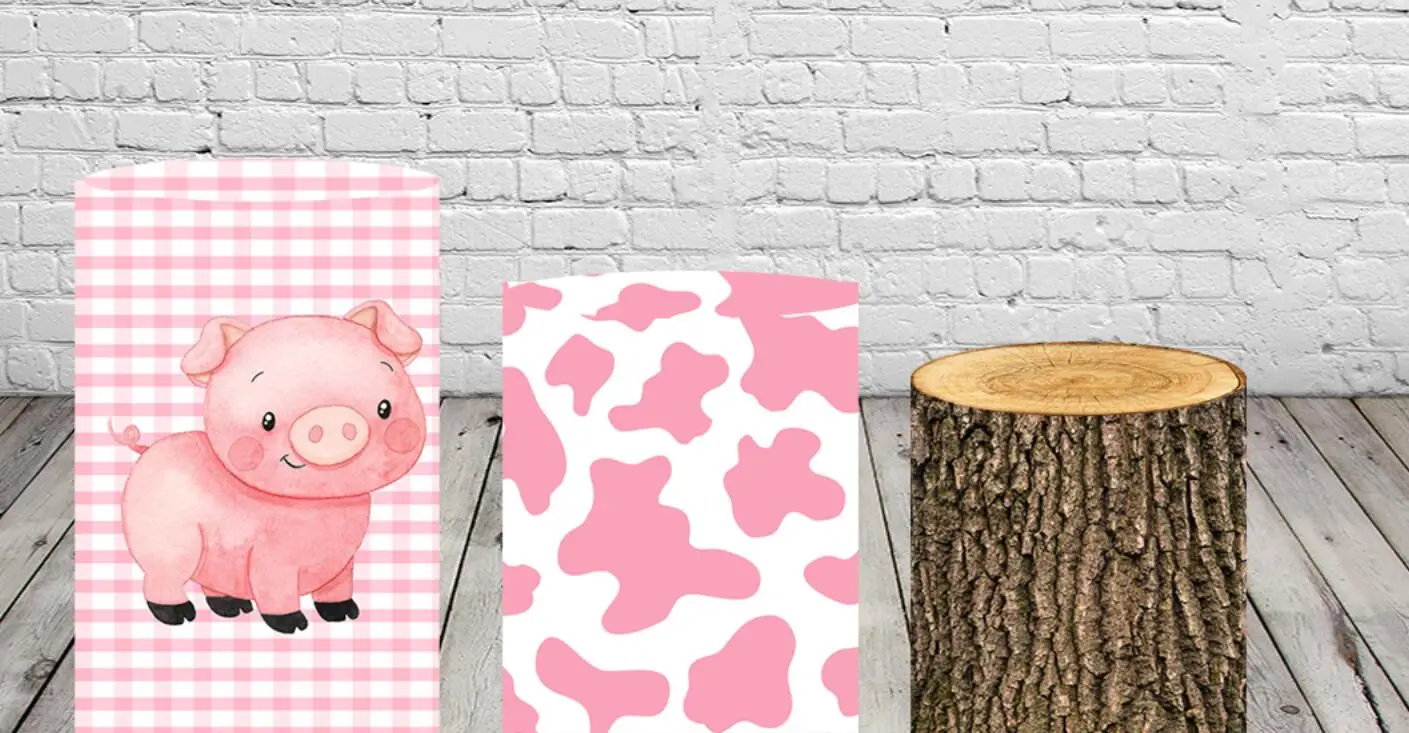 Pink Girl Farm Animal Round Circle Background Baby Shower Birthday Backdrop Kids Party Decor Table Plinth Covers