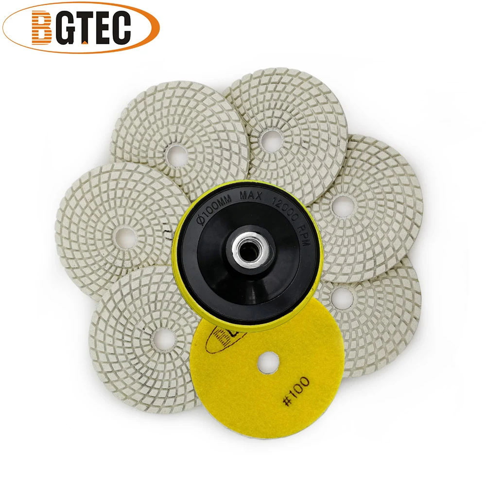 

BGTEC 4inch 7pcs #100 Professional diamond flexible polishing pad M14 plastic backer 100MM quartz, Artificial Stone sanding disc