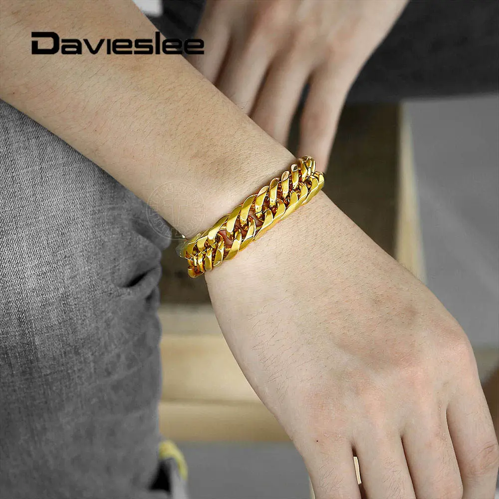 

15mm Bracelet Gold Silver Color 316L Stainless Steel Bracelet for Men Double Curb Cuban Link Chain Mens Wristband Rombo LHB513