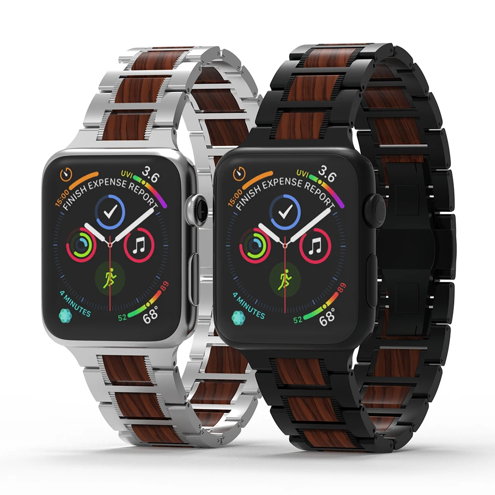 New Design Wooden Stainless Steel Strap For Apple Watch Bracelet Strap Adapter for iWatch 6 SE 5 4 3 2 1 Series Accessories