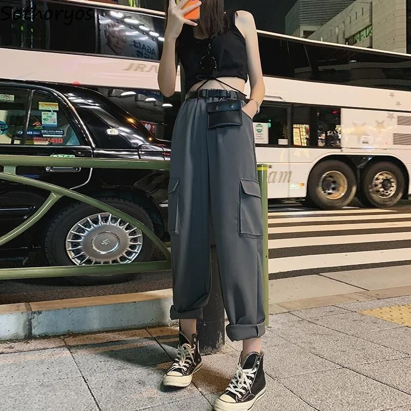 

Women Sleep Bottoms Solid Multi-pocket Pants Chic Homewear Kpop High Street Cargo Trousers Hip-hop Korean Style All-match Trendy