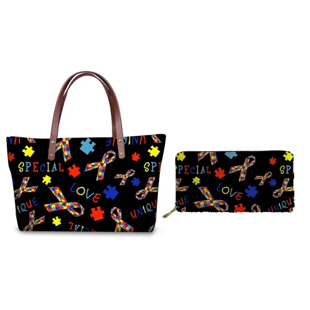 Neoprene Top-handle Bag Women Set Tote Bag Brand Design Autism Awareness Printing Sac Feminino Large Handbag Ladies