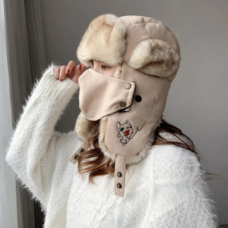 Woolen Feel Faux Fox Fur Russia Ushanka Bomber Hat Mask Cartoon Embroidery Thick Earflap Hats Winter Women Men Snow Ski Cap