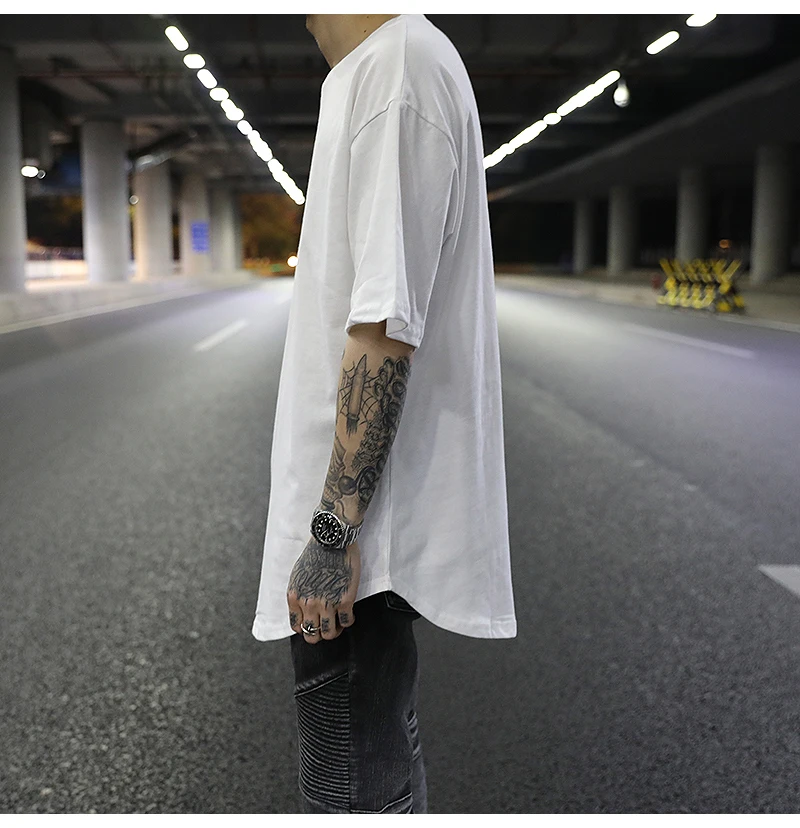 European and American high street classic arc hem split solid color bottoming T-shirt  all-match loose inner short sleeves