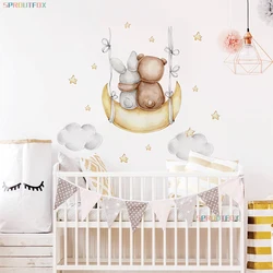 Cute Bear Moon Star Wall Stickers for Kids Rooms Cartoon Animal Wall Decals Removable Vinyl Art Mural for Nursery Girls Boy