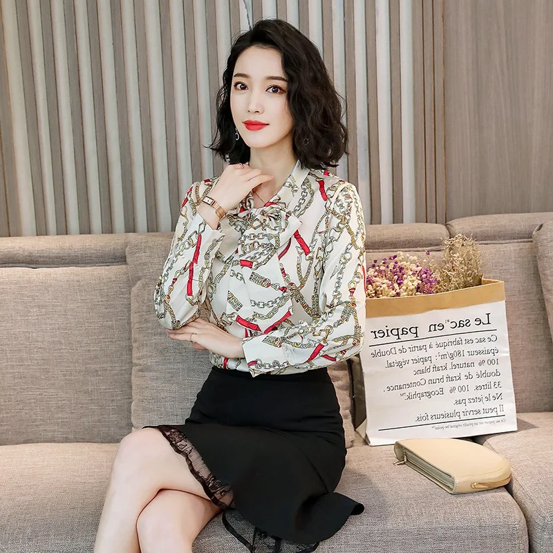 Office Spring Blouse Summer Women Imitation Silk Shirt Korean Long Sleeve Fashion Womens Tops and Blouses Elegant A02