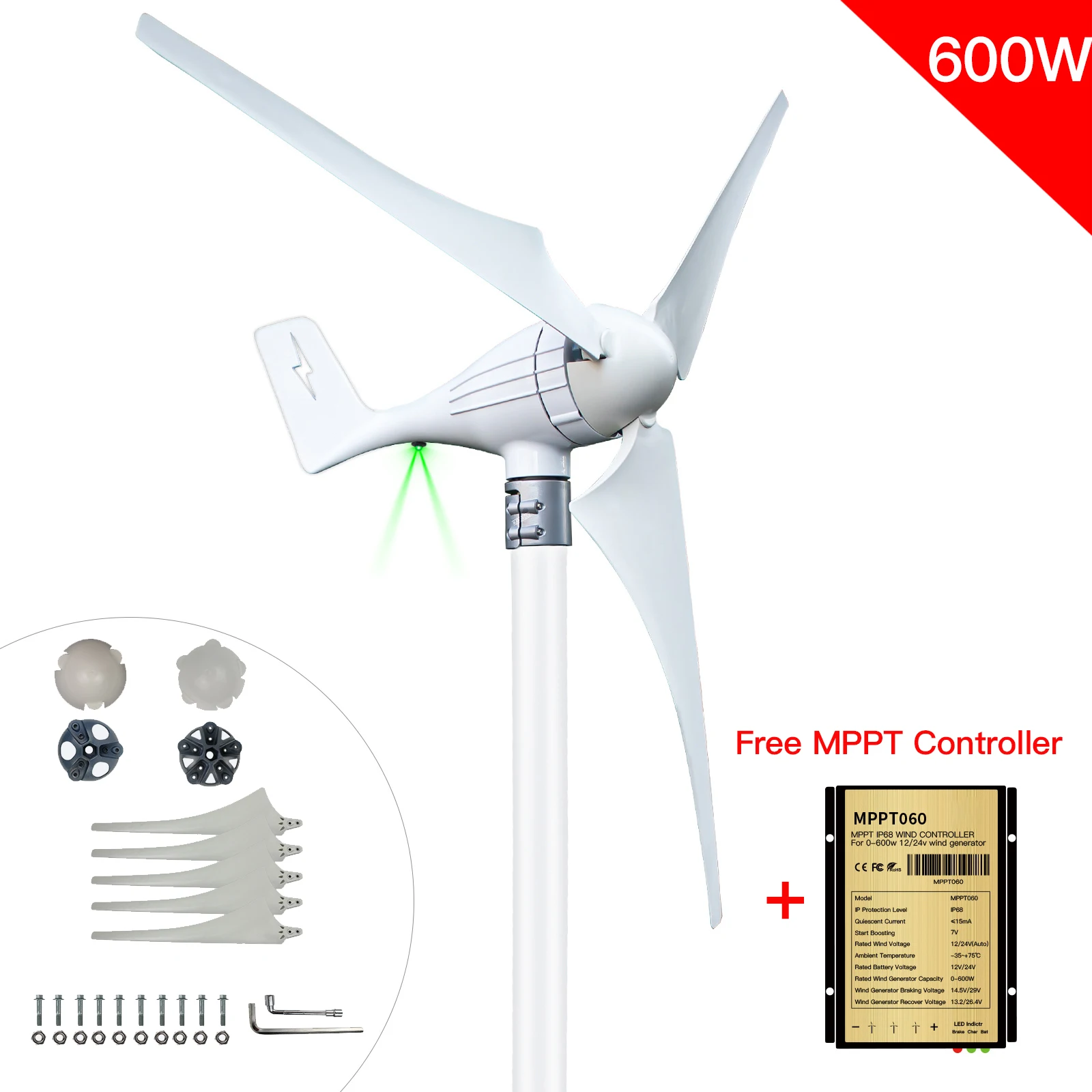 Low Velocidade Wind Turbine Generator Led Luz Indicadora Mppt Controlador de Carga ou Lâminas 12 m s 600w 12v 24v