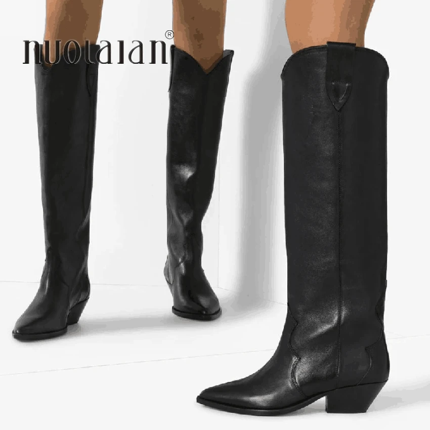 2021 Western boots black Leather knee high boots for women pointed toe winter long boots women chunky heels cowboy knight boots