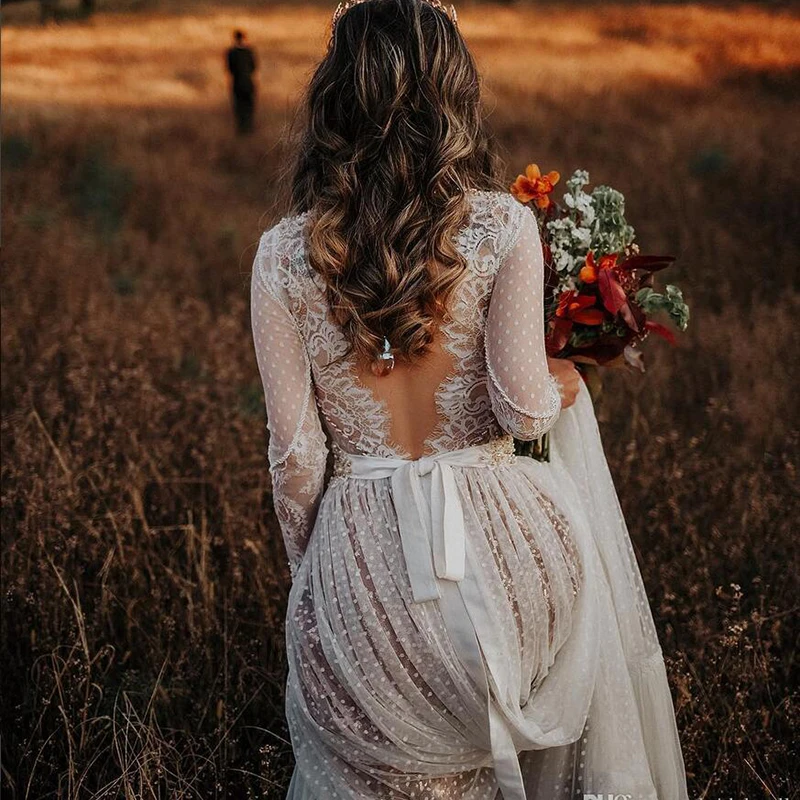 2019 abiti da sposa bohémien con manica lunga Sexy scollo a V in pizzo Sweep Train Beach Boho Country abiti da sposa robe de mariee