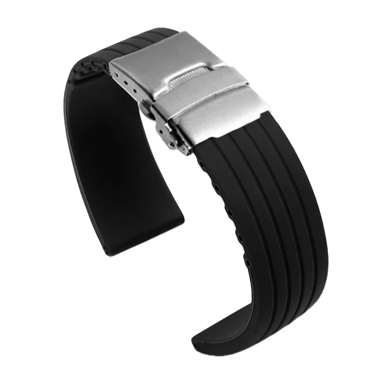 Silicone Rubber Watch Strap 16mm 18mm 20mm 22mm 24mm Tire stripes Band Deployment Buckle Waterproof BLack Watchband