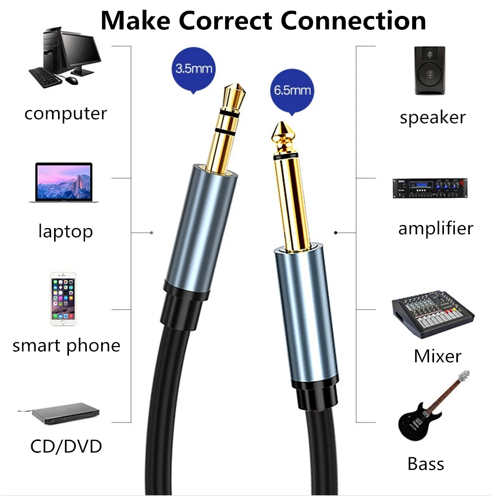 3.5mm Jack Audio Cable To 6.5mm Jack Male Mono Gold Plated For Instrument Guitar Mixer Amplifier Bass 1m 2m 3m 5m