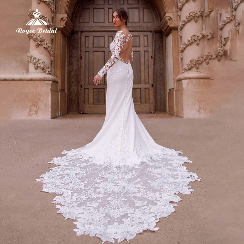 Vestido de novia de sirena de encaje, Sexy, elegante corpiño transparente, manga larga, bohemio, Trompeta blanca