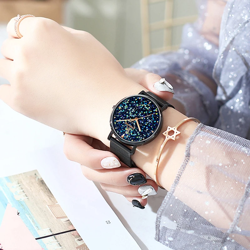 IK Colouring-reloj de cuarzo con cielo estrellado para mujer, pulsera de malla de acero inoxidable, femenino