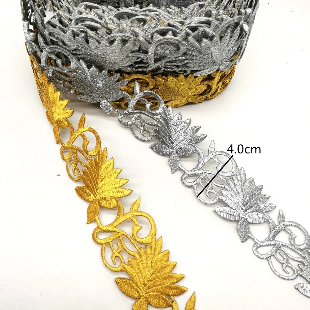 Gold Cosplay Lace Costume Trims Iron On Embroidered Lace Appliqued Gold and Sliver Metallic Tape 4CM