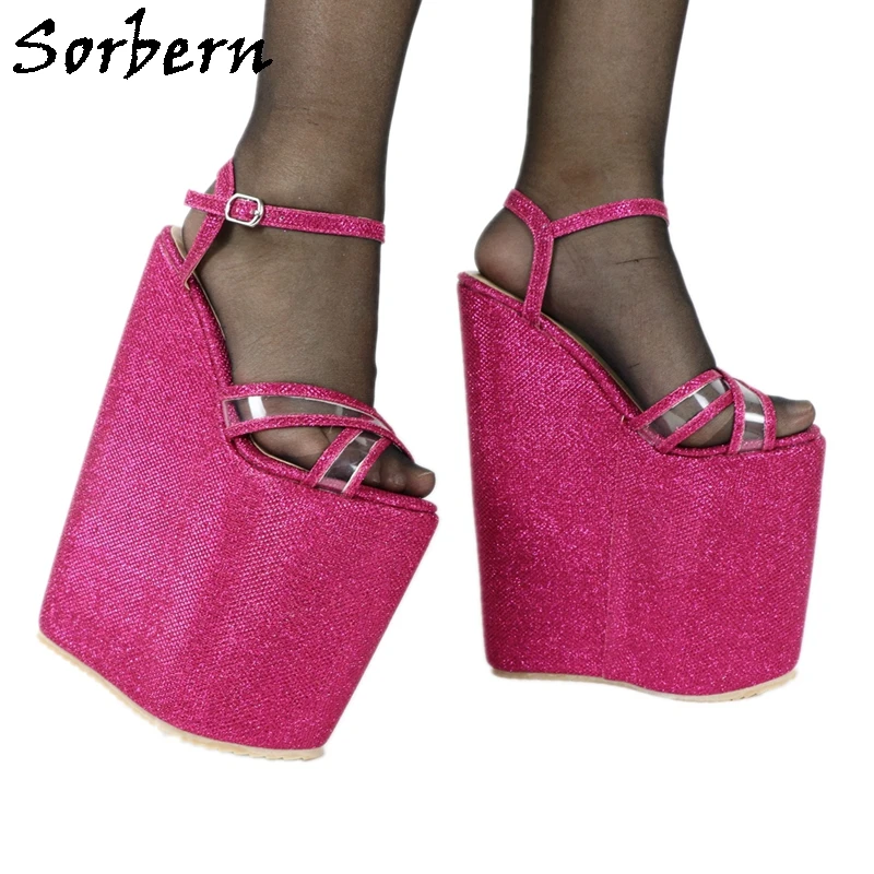 Sorbern Fuchsia Glitter Women Sandal Slingback Summer Shoes Wedges Thick Platform Crossdressing Drag Queen Shoes Sissy Boy Heel