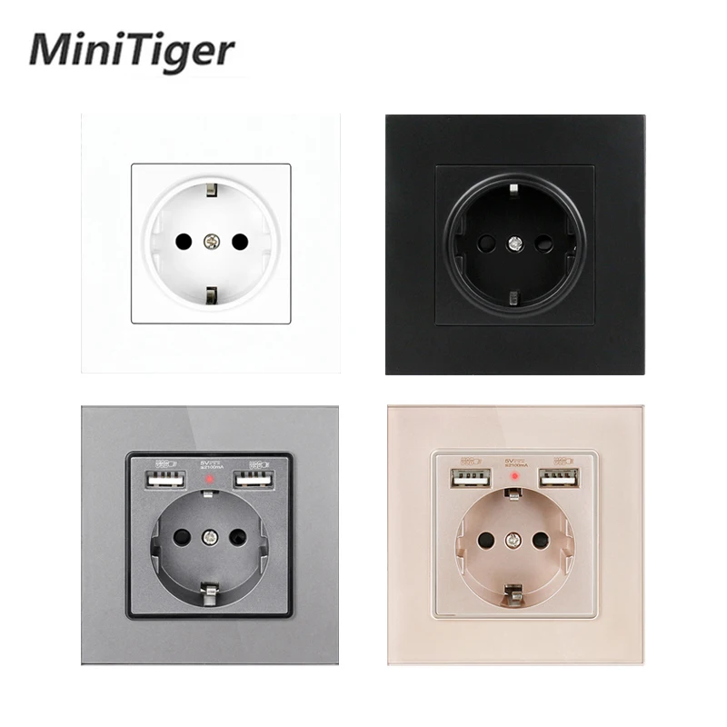 Minitiger Wall USB Power Socket,New Style Panel, Bedroom Socket,AC 110V-250V 16A Wall Embedded, Double Usb EU Standard Outlet