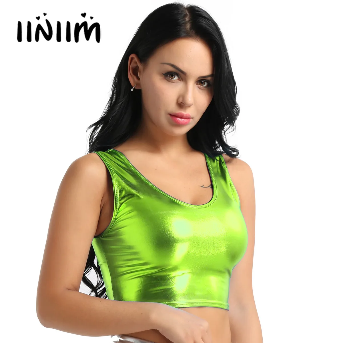 Womens Lady Camis Traf y2k Top Casual Shiny Metallic Scoop Neck Tank Crop Top Vest Bustier Blouse Shirt Evening Sexy Clubwear