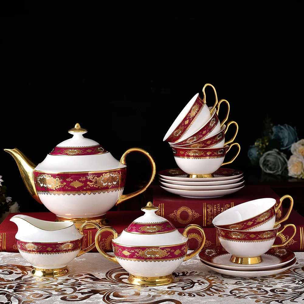 15 Pcs gift ceramic cafe wedding tea Bone China Red Decal Coffee Set Modern Emboss Porcelain Tea Set gift ceramic drinkwar