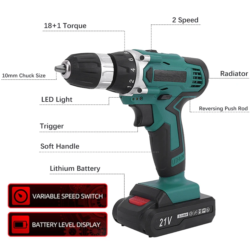 21V Brushless Electric Drills 32N.M Cordless Electric Screwdriver 1500mAh Lithium-Ion Battery 3/8-Inch Power Tools Impact Drills