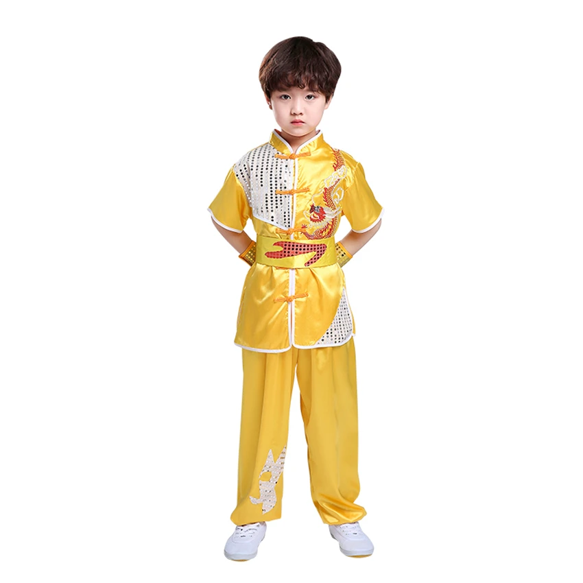 Children Chinese Traditional Style Clothing Set Sequin Dragon Embroidery Long&Short Performance Tai Chi Kung Fu Uniforms