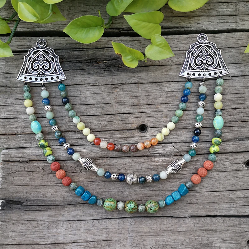 

Ethnic Necklace Stone Beads,Blue Onyx,Amazonite,Ceramic Beads,Unique Ethnic Jewelry,Bronze Ethnic Sets Jewelry Gift For You