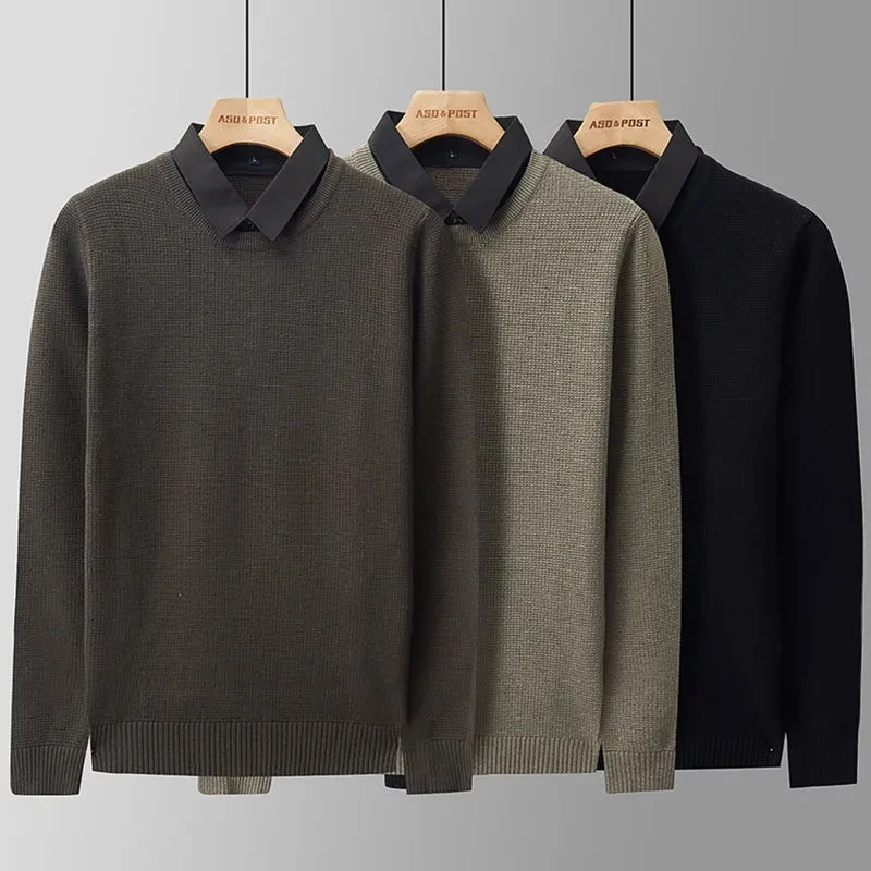 

Fake Two Patchwork Sweater Men Harajuku Spring Autumn Business Casual Long Sleeve Knitwear Tops Korean Clothing Black Pull Homme