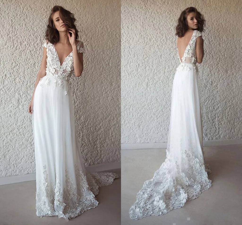 Czeski koronkowe suknie ślubne 2021 nowy przepuszczalność V neck suknie ślubne sukienka w stylu Boho De Mariage proste Backless Beach