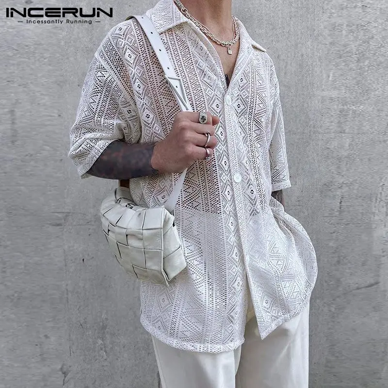 

2023 Men Mesh Shirt See Through Lapel Sexy Short Sleeve Lace Button Camisa Masculina Streetwear Party Nightclub Tops 5XL INCERUN