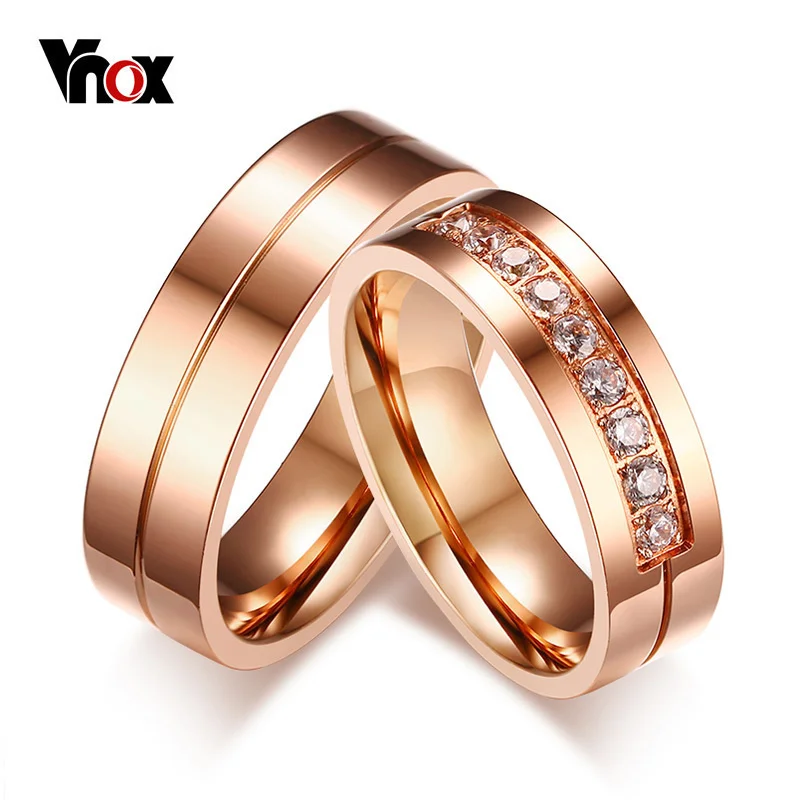 Vnox Trendy Wedding Bands Rings for Women / Men Love Rose Gold-color Stainless Steel CZ Promise Jewelry Personalized alliance