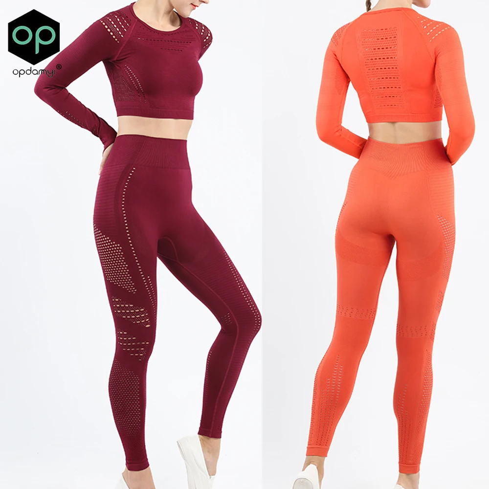 Women Energy Seamless Yoga Sets Sexy Breathable Mesh Knitted Gym Set 2 Piece Sportswear Long Sleeve Top+High Waist Yoga Leggings