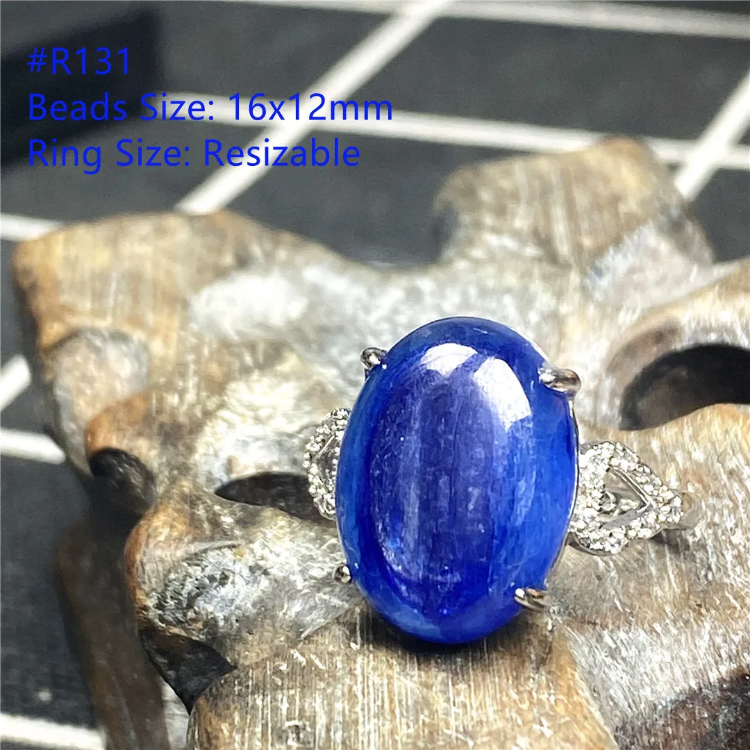 Natural Blue Kyanite Crystal Ring Jewelry For Women Men Luck Gift 16x12mm Beads Silver Beauty Cat Eye Stone Adjustable Ring AAAA