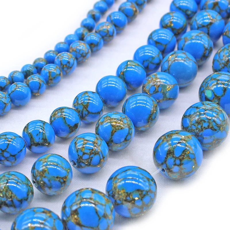 Blue Gold Line Turquoises Stone Natural Round Loose Beads For Jewelry Making DIY Bracelet Necklace 4/6/8/10/12mm 15 Inches ﻿