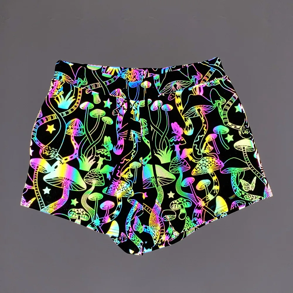 PARKLEES Mushroom Printed Colorful Reflective Mens Shorts Shiny Hip Hop Dance Fluorescent Shorts for Men Night Sporting Joggers