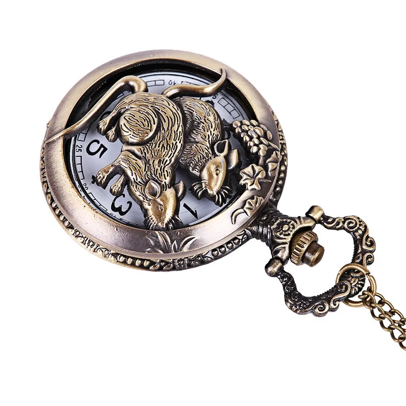 Large classic bronze hollow embossed two mouse pocket watches Hot stealing mice beautifully carved pocket watches