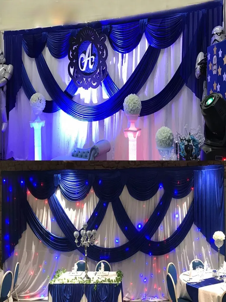 

Party Decoration 3*6M White Ice Silk Wedding Backdrops With Royal Blue Swag Stage Background Drape And Curtain