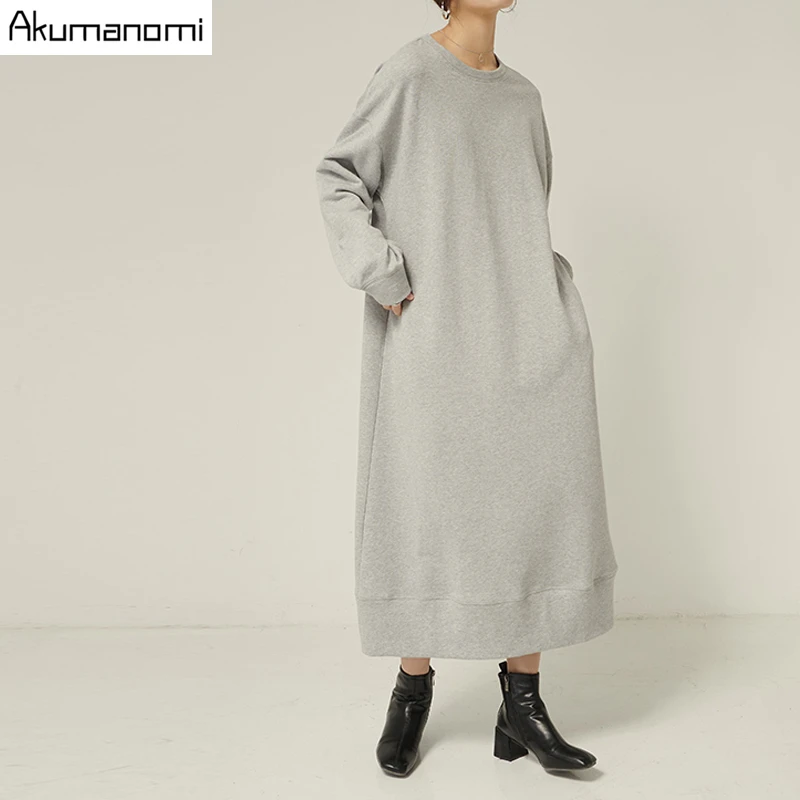 

autumn spring plus size maxi dresses for women 2020 xxxl 4xl 5xl 6xl 7xl gray o neck long sleeve Casual fall dress with pockets