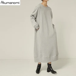 autumn spring plus size maxi dresses for women 2020 xxxl 4xl 5xl 6xl 7xl gray o neck long sleeve Casual fall dress with pockets